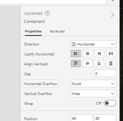 PowerApps Vertical Gallery with a Horizontal Scroll bar.